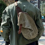 Vintage Waxed Canvas Crossbody Sling Bag with Crazy Horse Leather, Large Capacity Chest Pack, V1232-RBBB-004