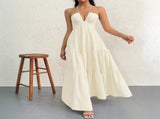 Apricot M Size Women's Elegant Halter Maxi Dress Summer Backless V-Neck Sleeveless Long Beach Resort V888-ELOSUNG41119