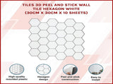 Tiles 3D Peel and Stick Wall Tile Hexagon White V63-836601
