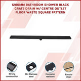 1200mm Bathroom Shower Black Grate Drain w/Centre outlet Floor Waste Square Pattern V63-832941