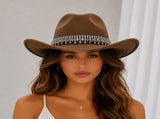 Rhinestone Cowboy Hat - Camel Western Hat with Iridescent Gemstone Fringe Band, Wide Curved Brim for V888-ELOSUNG57116-6