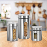 Plated Silver Stainless Steel Kitchen Storage Canister with Glass Window 3Pcs V1370-AZ4-08818