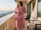 Women's Pink Coral Fleece Hooded Bathrobe - Soft Plush Long Sleeve Wrap Robe with Tie Belt, V888-ELOSUNG54475