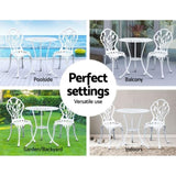 Gardeon 3PC Outdoor Setting Bistro Set Chairs Table Cast Aluminum Patio Furniture Tulip White GB-CALU-3PC-XG1018-WH