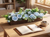 Artificial Flower Arrangement in Carbonized Wood Planter Box, Preassembled Lifelike Peony and Rose V1369-AZ3-W-12305