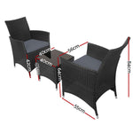 Gardeon 3PC Outdoor Bistro Set Patio Furniture Wicker Chairs Table Cushion All Black ODF-BISTRO-RATTAN-S-BK