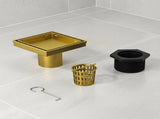 10x10cm Square Shower Drain with Removable Tile Insert Grate Brushed Gold 304SS, CUPC Certified V63-955511