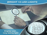 Magnifying glass with 12 LED lights - 30x double glass lens - hand-held illuminated magnifier V1259-DP01-BO-166