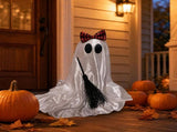 Halloween Ghost Figurine with Bow and Broom, Cloth Handcrafted Ornament, Spooky Cute Decor, Compact V1369-AZ3-W-12330