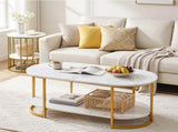Artiss Coffee Table 2 Tier Oval Marble Finish Storage Shelf Metal Frame Center Table Living Room FUR-Z-COF11-GDWH