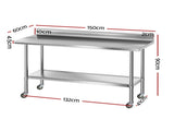 Cefito Stainless Steel Kitchen Bench w/ Splashback 1500x600MM 430 SSKB-430S-WHEEL-59H