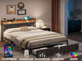 Double Bed Frame with 2 Storage Drawers and LED Lights Headboard, Upholstered Bed Frame with V1127-AU-2452DB-GRY