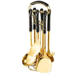 Black Gold Stainless Steel Kitchen Utensil Set - 7-Piece Golden Cooking Tools with Stand V888-ELOSUNG15849