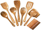 9 Piece Wooden Cooking Utensil Set, Heat Resistant Non Scratch Spoons And Spatulas With Holder, For V1237-ZY-807-025