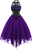 Sleeveless Gothic Lace Dress for Women 80s Party Dress Corset Halter Lace Swing Cocktail Purple XXL V1237-ZY-203-0260