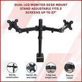 Dual LCD Monitor Desk Mount Stand Adjustable Fits 2 Screens Up To 27" V63-826151