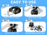Black binocular magnifying glasses, LED lights, hands-free magnifier, adjustable magnification, V1102-108-BLA-86711