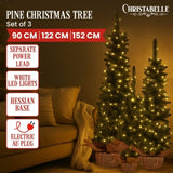Christabelle Set of 3 Pre-Lit Christmas Trees Green Pine LED Lights Hessian Base Individual Plu 112_HZGB3