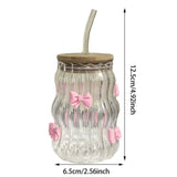Cute Big Belly Glass Tumbler With Wooden Lid And Reusable Straw Bow Decor Ribbed Household Drinking V1369-AZ3-W-14899