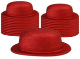 24x GLITTER BOWLER HAT Fancy Party Plastic Costume Cap Fun Dress Up Sparkle BULK - Red V563-24GLTRBWLRHAT-RED