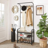 Greige and Black Steel Freestanding Coat Rack Stand with Removable Hooks, Bench and Shoe Rack, V178-11062