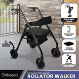Orthonica Foldable Mobility Steel Rollator Walker 136kg Max Capacity Aid Seat FRW-MAS-029-BK