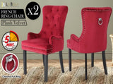 2X French Provincial Dining Chair Ring Studded Velvet Rubberwood Leg LISSE BORDEAUX RED V274-FT-VFC-1141-RD2