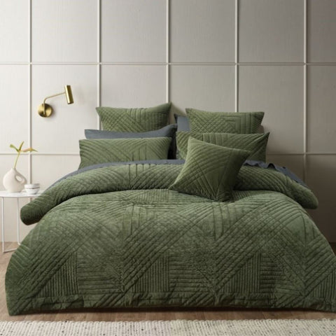 Bianca Navarro Olive Soft Velvet Geometric Quilt Cover Set Queen V442-BCA-QUILTCS-NAVARRO-OLIVE-QS