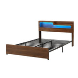 Artiss Double Bed Frame Metal with Charging Station LED Light Storage Shelf MBED-D-ROCK-D-WD-AB