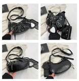 Black Vintage Rivet Crescent Moon Bag with Card Holder & Mirror, French Retro PU Leather Shoulder & V888-ELOSUNG13771