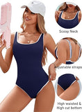 Women's Dark Blue One Piece Swimsuit with White Trim Adjustable Strap, Ribbed, High Cut for Sports V1107-DARK BLUE ONE PIECE SWIMSUIT-XL