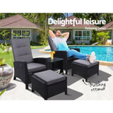 Gardeon 5PC Recliner Chairs Table Sun lounge Wicker Outdoor Furniture Adjustable Black ODF-RECLINER-CHOTTB-5BK