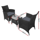 Gardeon 3PC Outdoor Bistro Set Patio Furniture Wicker Setting Chairs Table Cushion Black ODF-BISTRO-RATTAN-BK