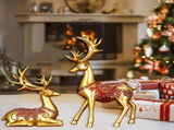 Resin Christmas Reindeer Figurines 2Pcs, Small Standing Sitting Deer Statue, Mini Tabletop Rustic V1369-AZ3-W-15150
