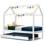 Artiss Bed Frame Wooden Trundle Daybed Kids House Frame White HOLY WBED-F-HOUSE-HOLY-S-AB