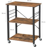 Vasagle Kitchen Serving Shelf Trolley on Wheels, 3 Shelves with 6 Hook Rustic Brown V227-9101101012141