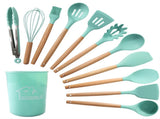 Green And Brown 12-Piece Silicone Kitchen Utensil Set - Non-Stick Food-Grade Silicone Cooking Tools V888-ELOSUNG23153