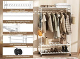XXL Bamboo Clothes Rail Coat Rack with Wheels, Wooden Open Wardrobe Garment Organizer with Hanging V767-X8JJZ-WT