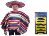 3pc Set Mens Mexican Poncho Sombrero Moustache Spanish Cowboy Costume Party V563-MEXICANCOSTUMESET