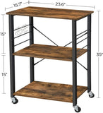 Kitchen Baker's Rack, 3-Tier Serving Cart with Metal Frame and 6 Hooks, Rustic Brown V178-11338