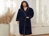 Men's Plush Fleece Hooded Bathrobe Blue M Size Shawl Collar Dressing Gown - Thick Warm Soft Winter V888-ELOSUNG54503