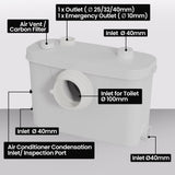 PROTEGE Macerator Pump, with 4 Inlet, for P-Trap Toilet, House, Bathroom, Shower, Sink, Washing V219-PMPMCPPT4P4A