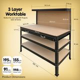 3-layer Steel Work Bench Garage Storage Table Tool Shop Shelf Pegboard Drawer TBL-3LY-WH