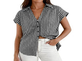 Womens Short Sleeve Shirts Plaid Button Down Blouse Casual Summer Business Gingham Work Tops Light V1366-AZ2-W-14408