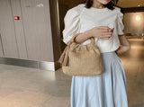 Women's Fashion Straw Woven Round Bag with Wooden Handle, Shoulder Beach Tote, Casual Handbag V1366-AZ2-W-25003