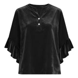 Women's Velvet Flare Sleeve Top, V Neck Button Detail Three Quarter Sleeve Blouse, Luxe Pullover for V1192-AZ-W-24017