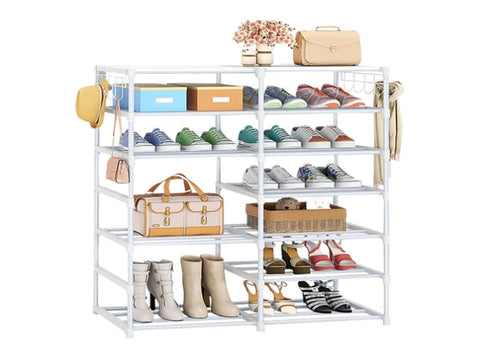 SOGA 12-Shelf Tier Shoe Storage Shelf Space-Saving Caddy Rack Organiser with Side Hooks White RACK0002
