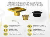 10x10cm Square Shower Drain with Removable Tile Insert Grate Brushed Gold 304SS, CUPC Certified V63-955511