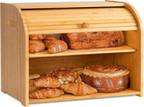 CARLA HOME Large Bamboo Bread Box Storage Organizer with Roll Top for Kitchen Counter LSB-36186