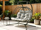 Gardeon Outdoor Swing Chair 2 Seater with Stand Cushion Rattan Patio Furniture HM-EGG-FOLD-D-GREY